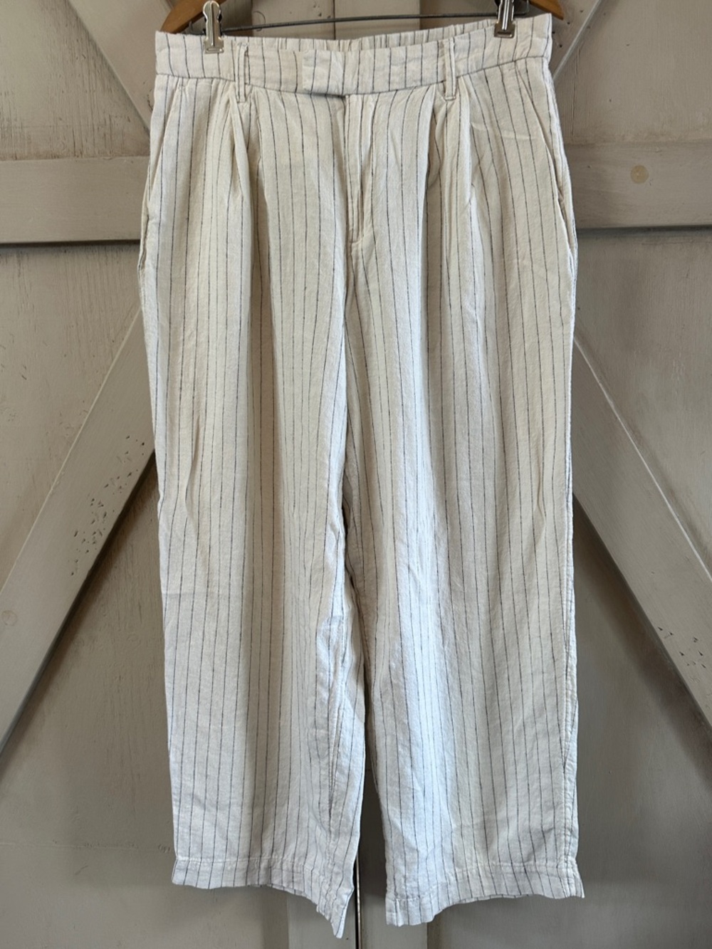 A New Day Linen Blend Pinstripe Cropped Pants Size 10 Cream Black Striped